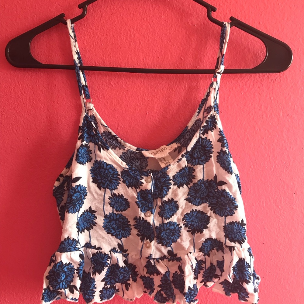 White crop blouse w/ blue flowers